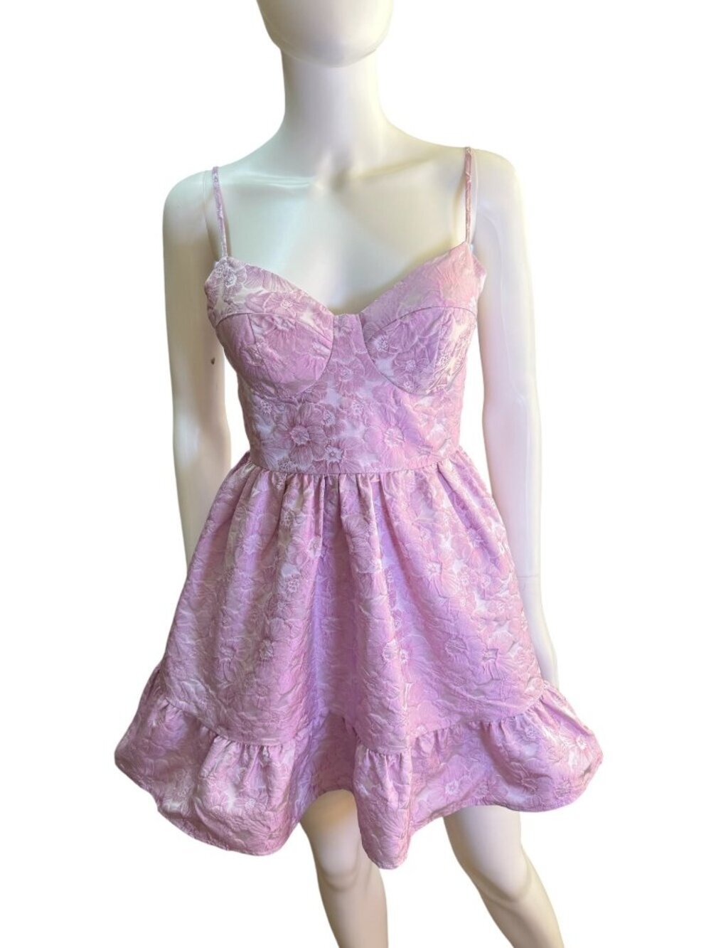 Lena Small Pink Floral Jacquard Spaghetti Strap Fit And Flare Mini Dress EUC